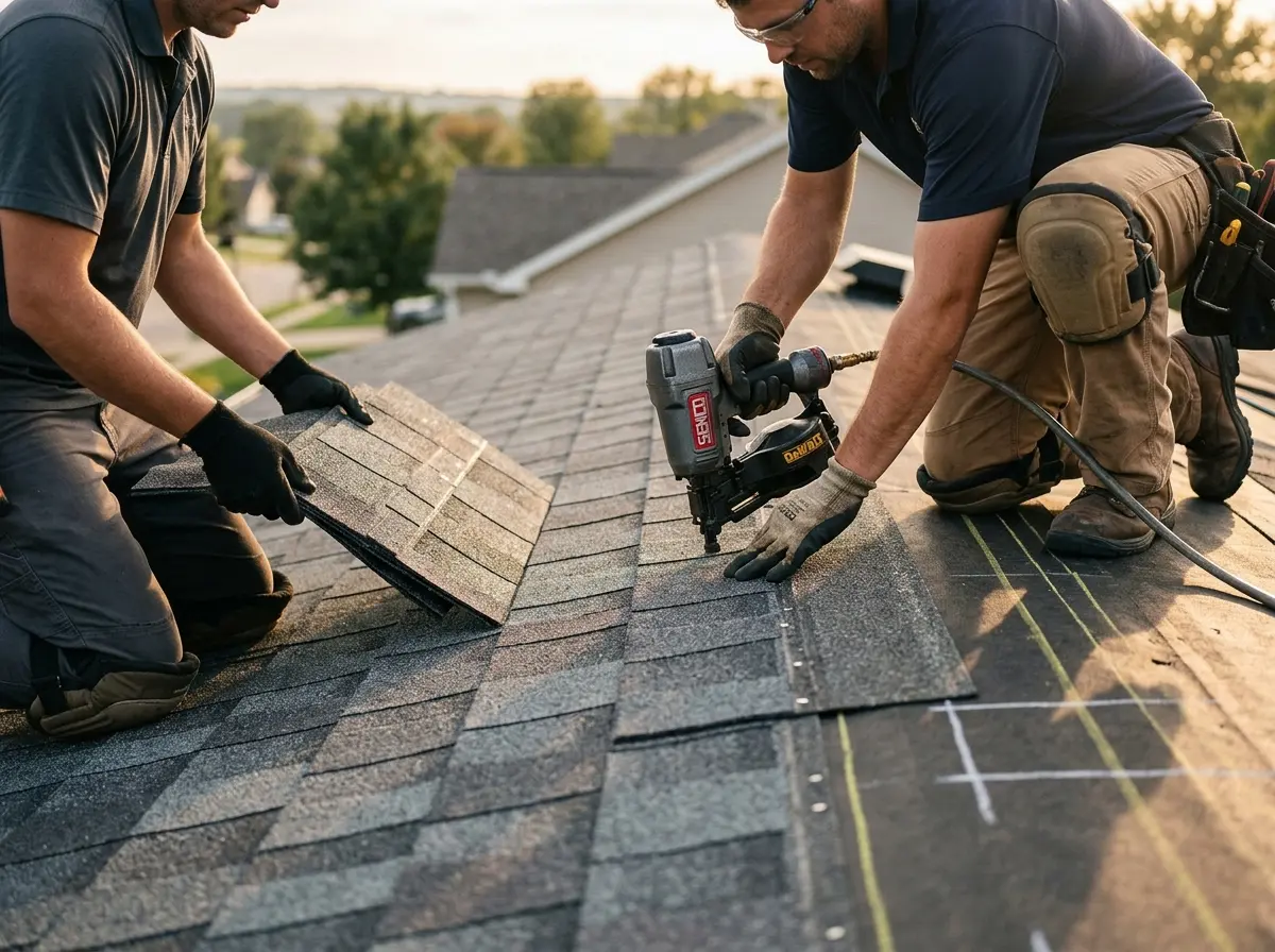 Professional roofer working on a residential roof in Fairmount